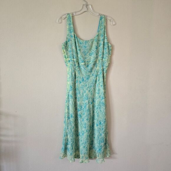 LA RUE 39 Floral Blue and Green Midi Dress Size 12P Y2K Fairycore 100% Silk - Picture 3 of 9